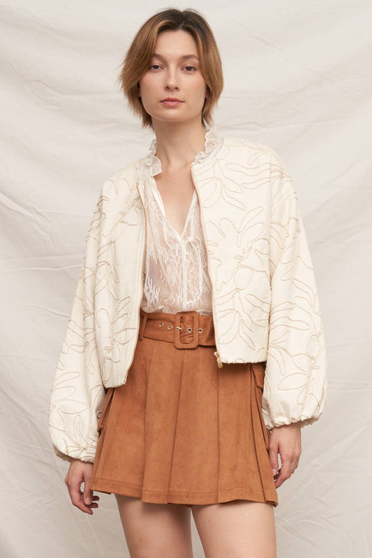 Beige Embroidered Floral Pattern Bomber Jacket - Purpose + Passion Boutique