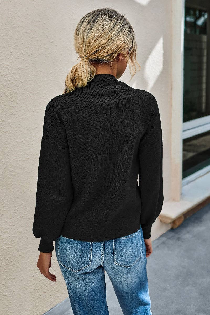 Black Drop Shoulder Solid Mock Neck Classic Knitted Sweater - Purpose + Passion Boutique