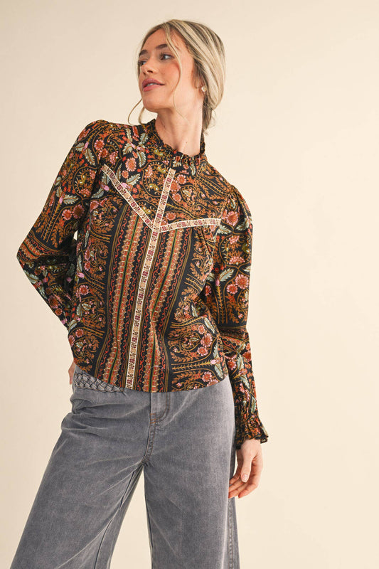 Black Floral Print Trim Blouse - Purpose + Passion Boutique