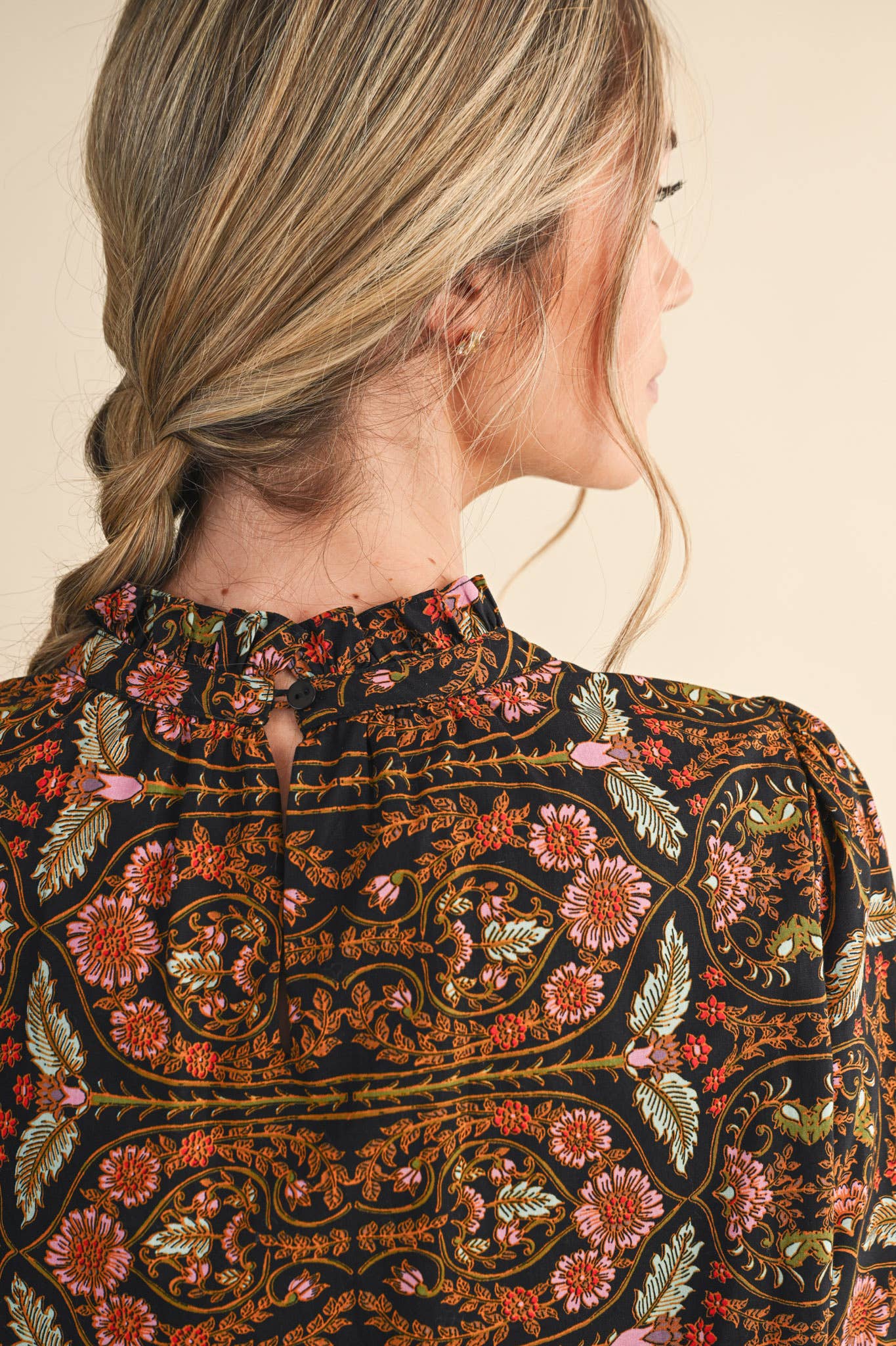 Black Floral Print Trim Blouse - Purpose + Passion Boutique