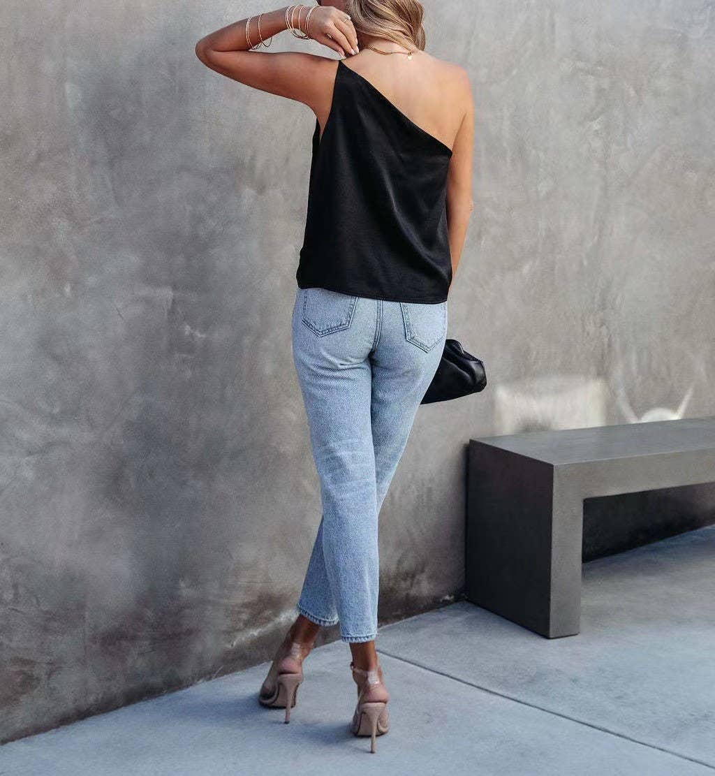 Black Satin Blouses with Slant Straps - Purpose + Passion Boutique