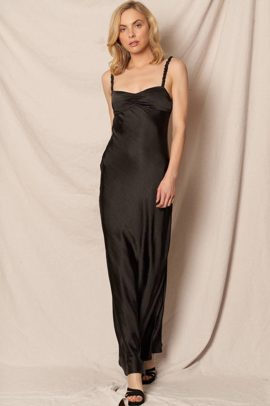 Black Sleeveless Sweetheart Neckline Satin Maxi Dress - Purpose + Passion Boutique
