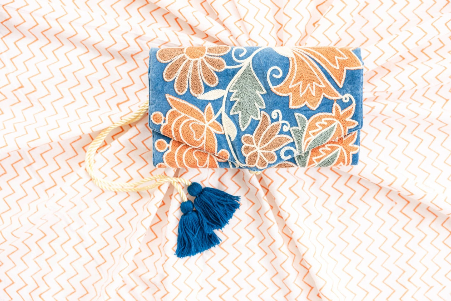 Blue + Orange Embroidered Velvet Jewelry Organizer - Purpose + Passion Boutique