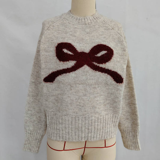 Bow Jacquard Slouchy Knitted Sweater - Purpose + Passion Boutique