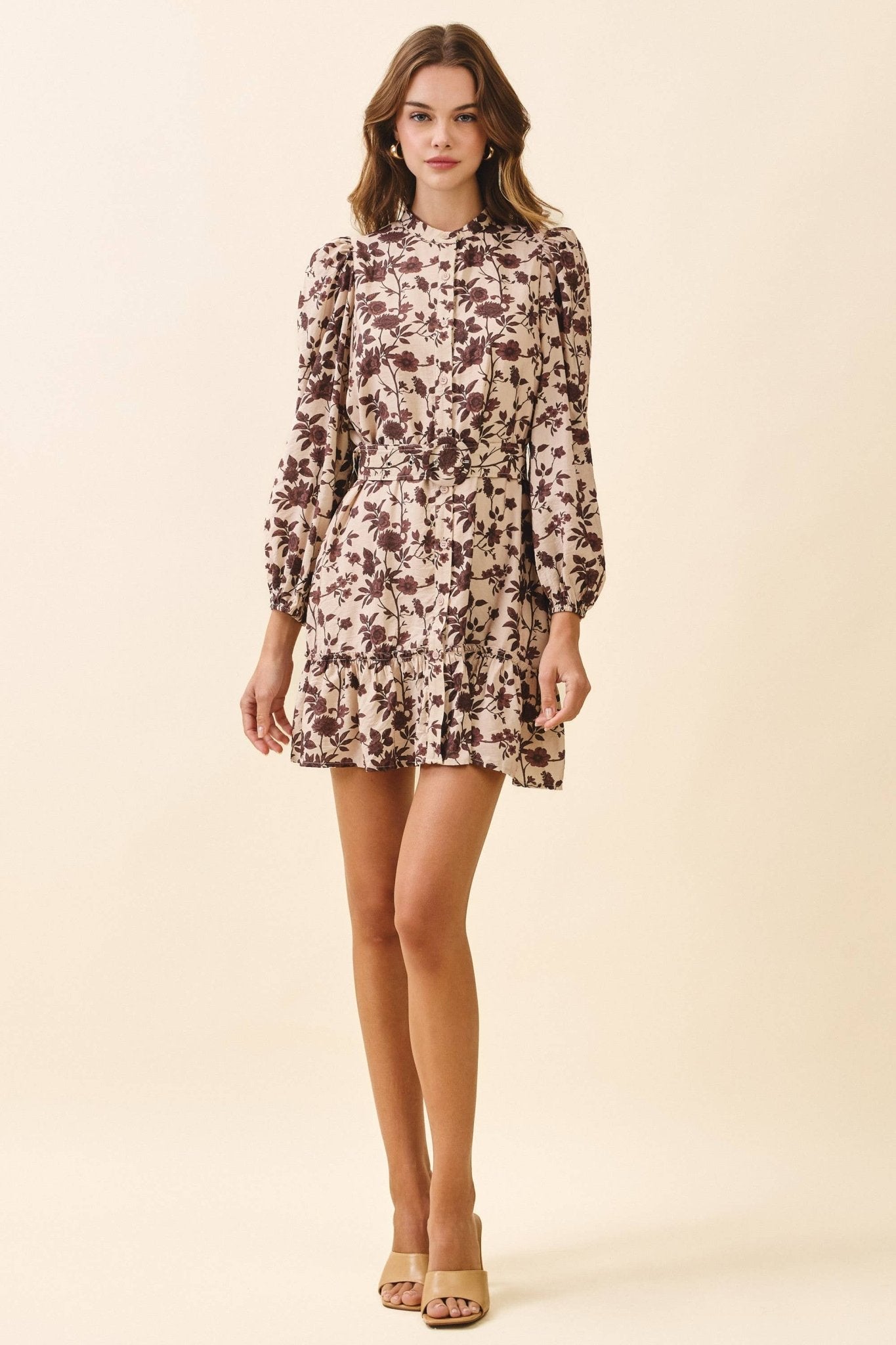 Brown / Beige Floral Print High Neck Dress - Purpose + Passion Boutique
