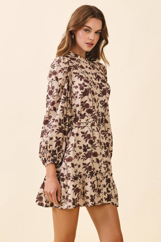 Brown / Beige Floral Print High Neck Dress - Purpose + Passion Boutique