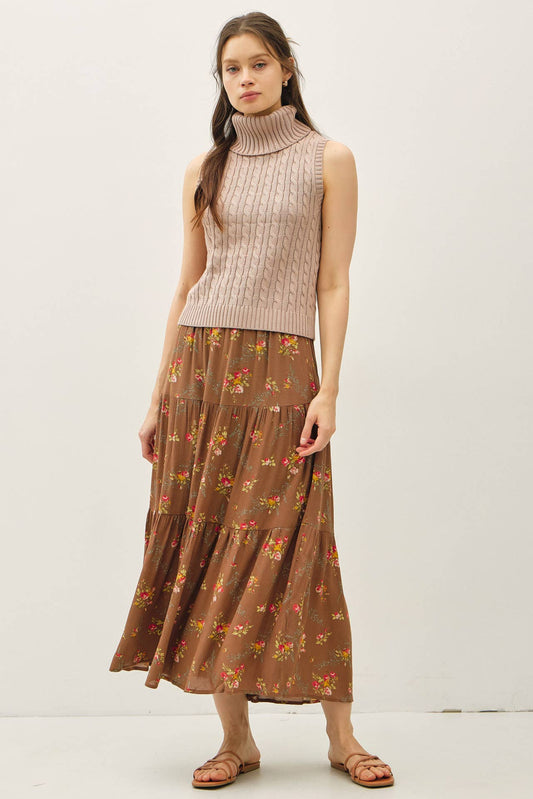 Brown Floral Print Tiered Maxi Skirt - Purpose + Passion Boutique