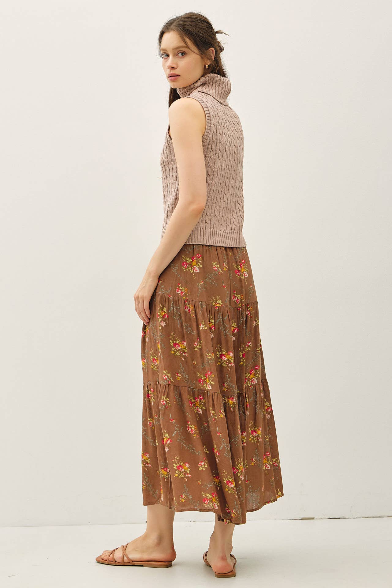 Brown Floral Print Tiered Maxi Skirt - Purpose + Passion Boutique