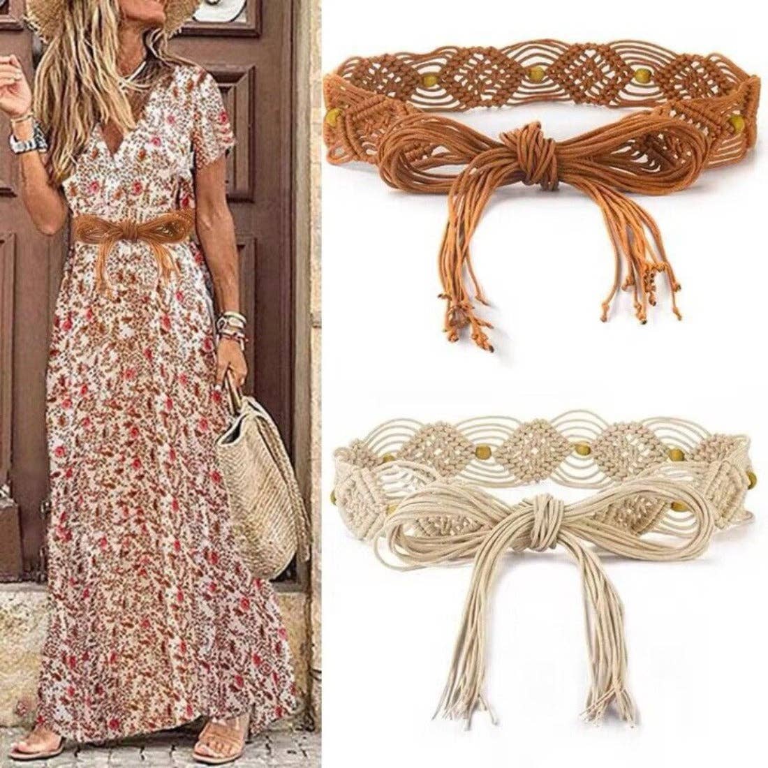 Brown Hollow Knitted Tassel Belt - Purpose + Passion Boutique