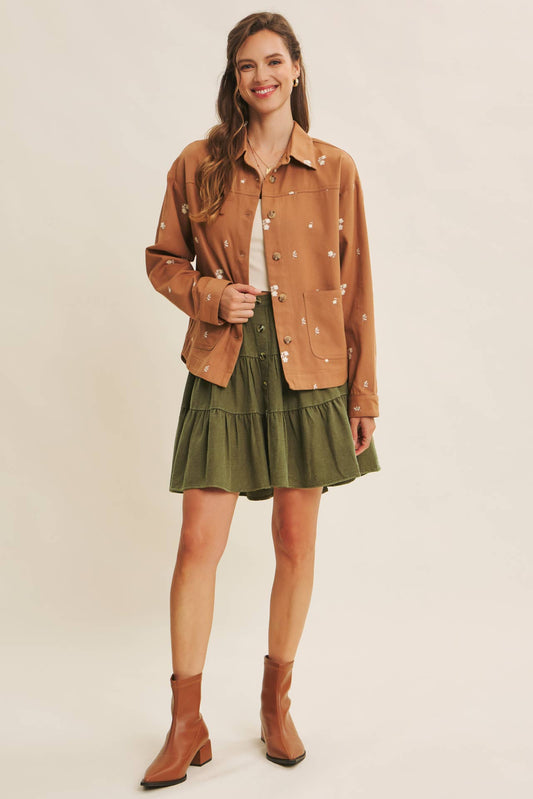 Cafe Latte Embroidery Cotton Twill Utility Jacket - Purpose + Passion Boutique