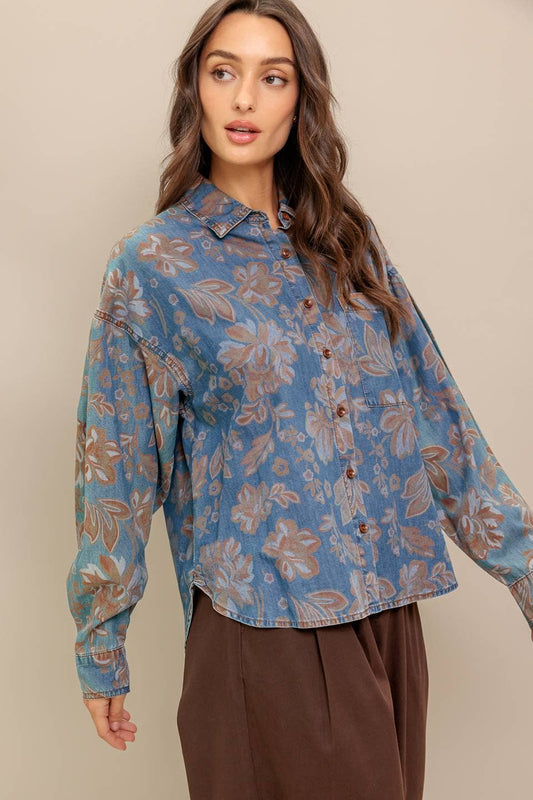 Chambray Floral Lightweight Denim Shirt - Purpose + Passion Boutique