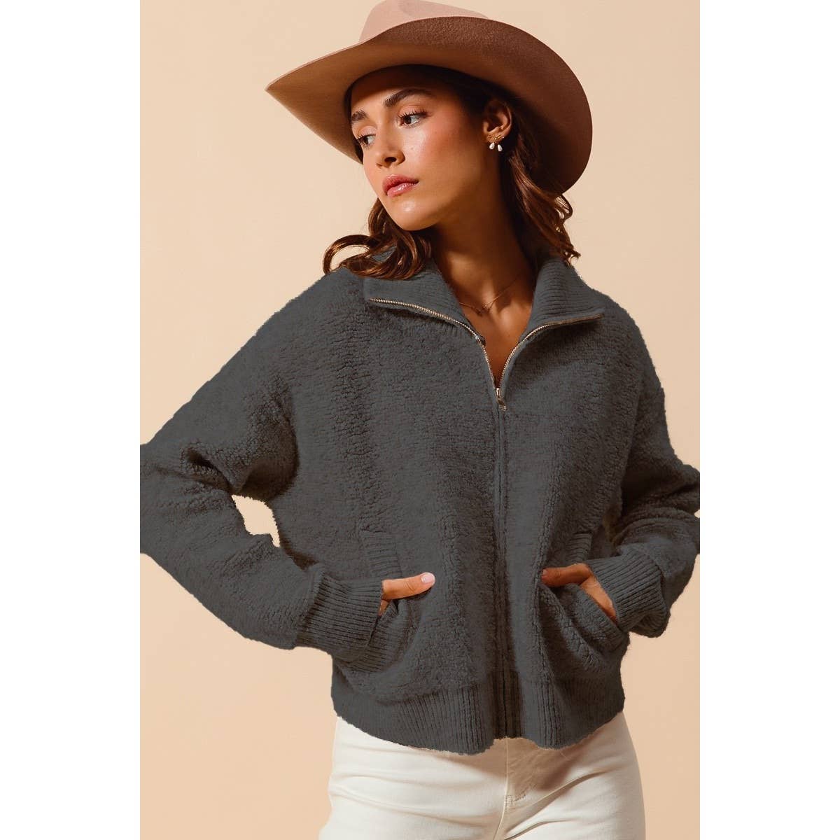 Charcoal Collared Knit Fluffy Sweater Jacket - Purpose + Passion Boutique