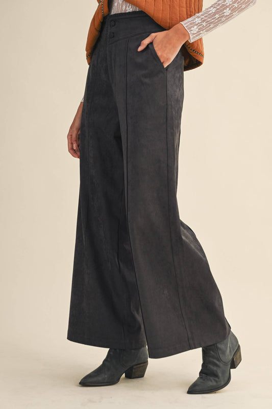 Charcoal Grey Suede Ruffle Trim Wide Leg Pants - Purpose + Passion Boutique