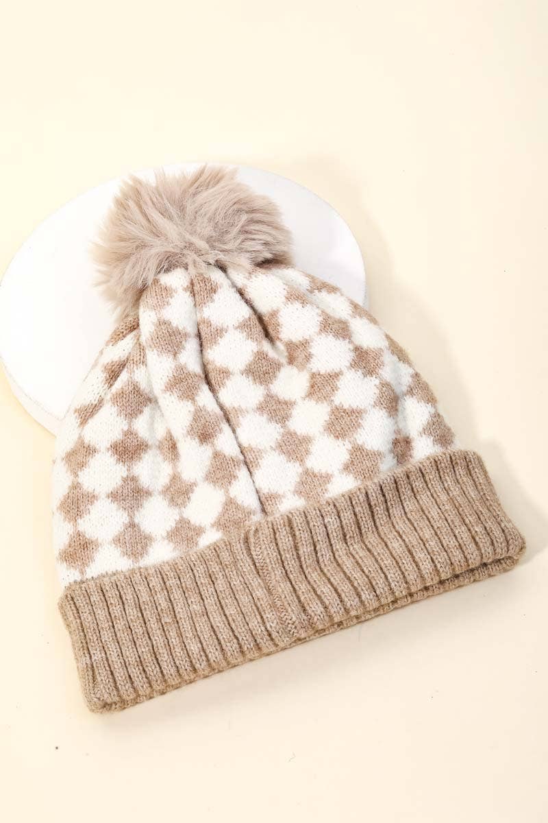 Checkered Pattern Pom Beanie - Purpose + Passion Boutique
