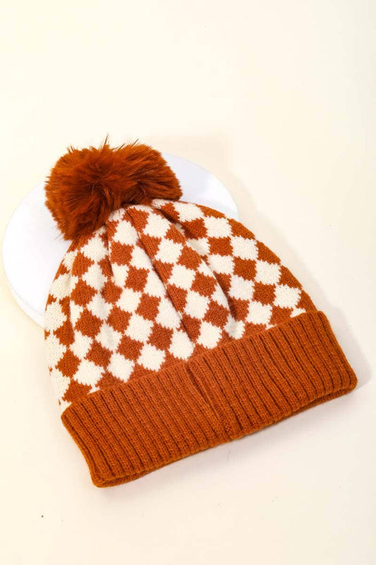 Checkered Pattern Pom Beanie - Purpose + Passion Boutique