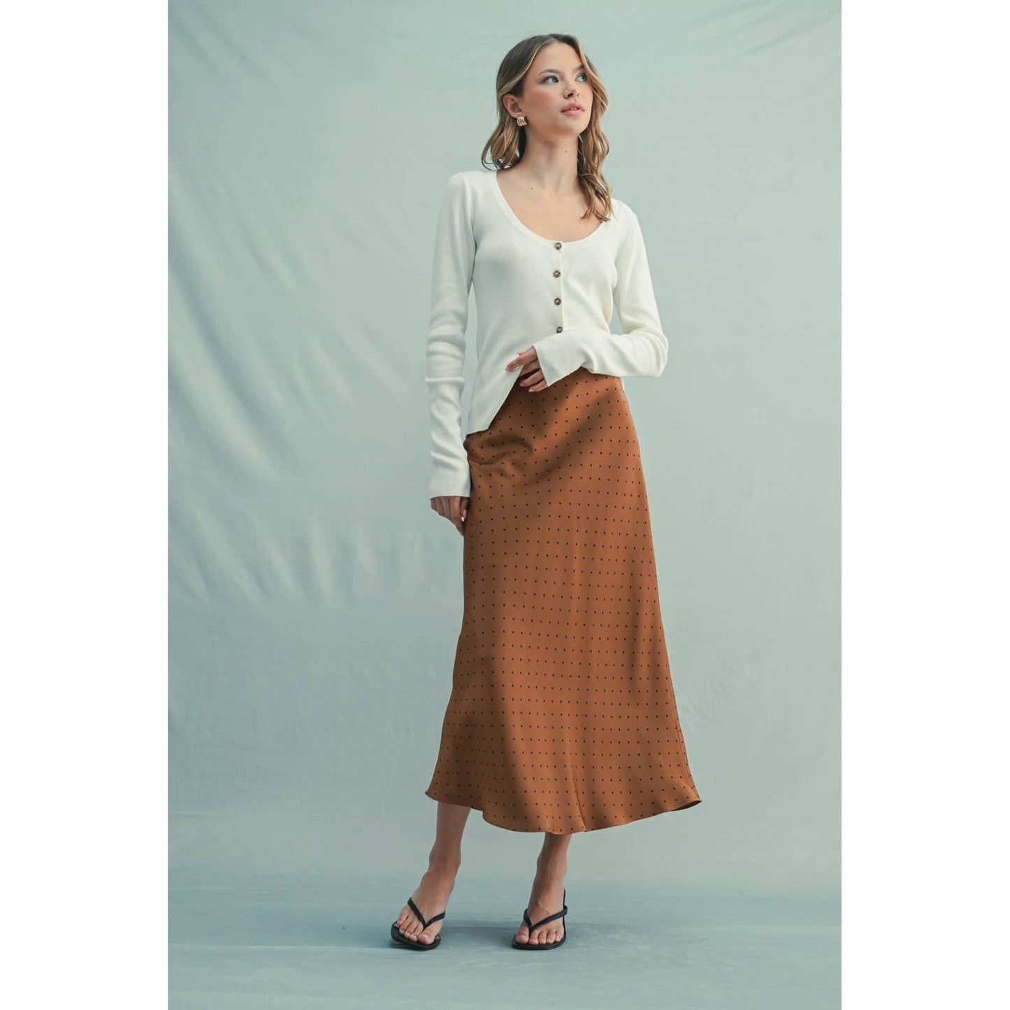 Chocolate/Black Polka Dot Satin Midi Skirt - Purpose + Passion Boutique