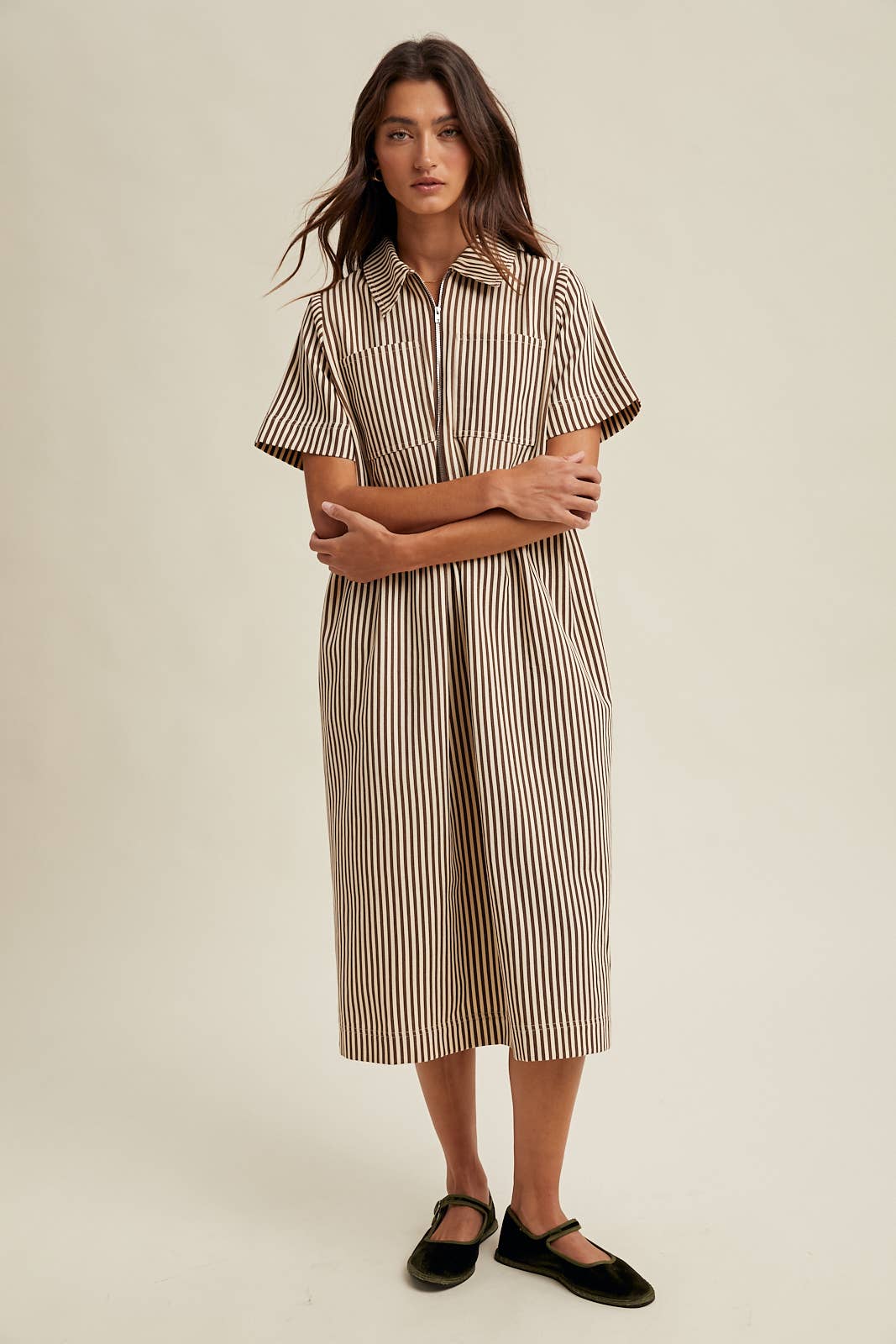 Chocolate/Cream Striped Half - Zip Midi Dress - Purpose + Passion Boutique