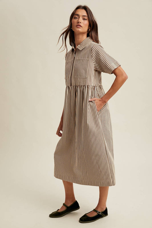 Chocolate/Cream Striped Half - Zip Midi Dress - Purpose + Passion Boutique