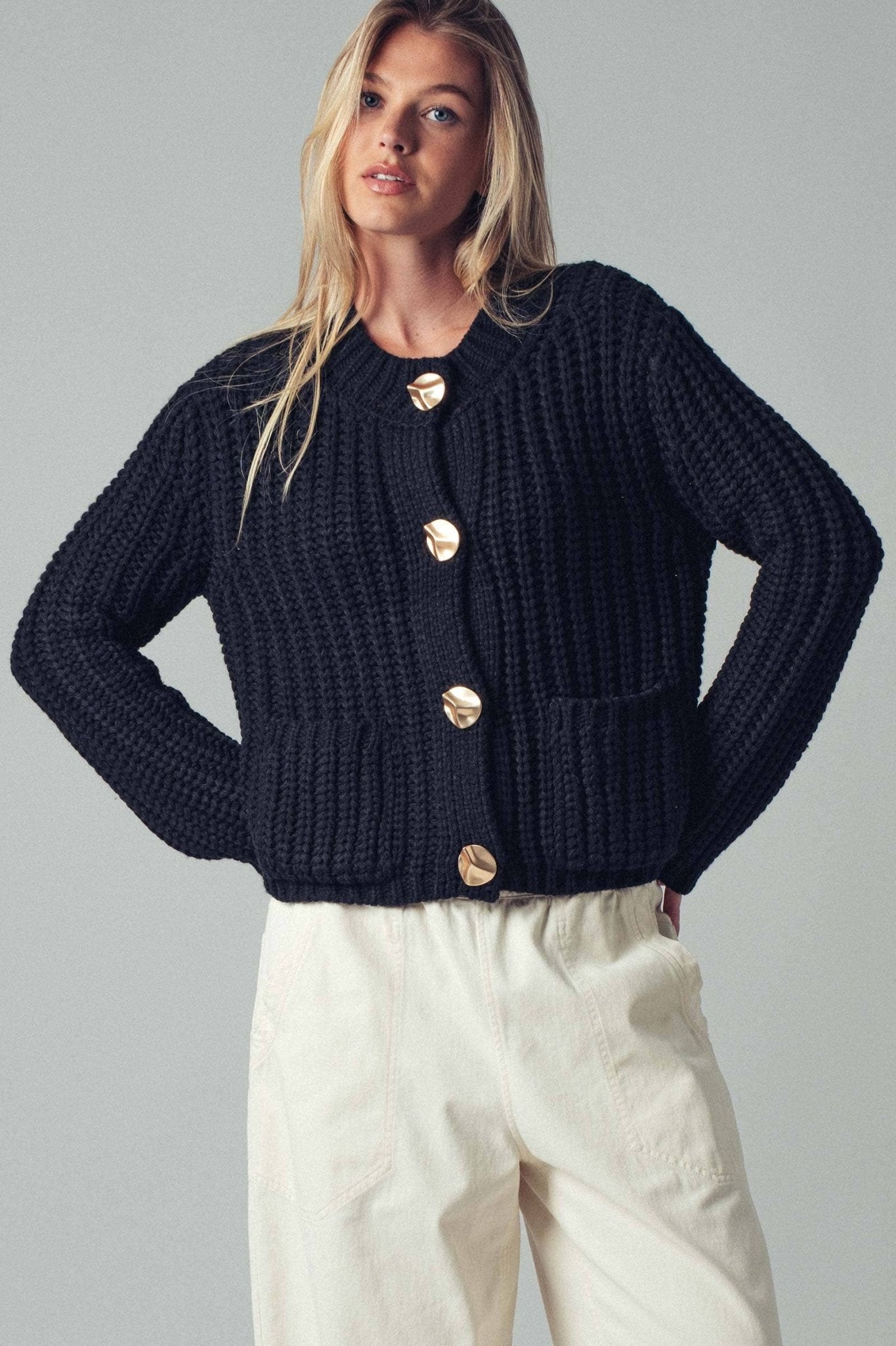 Chunky Gold Button Black Ribbed Knit Cardigan - Purpose + Passion Boutique