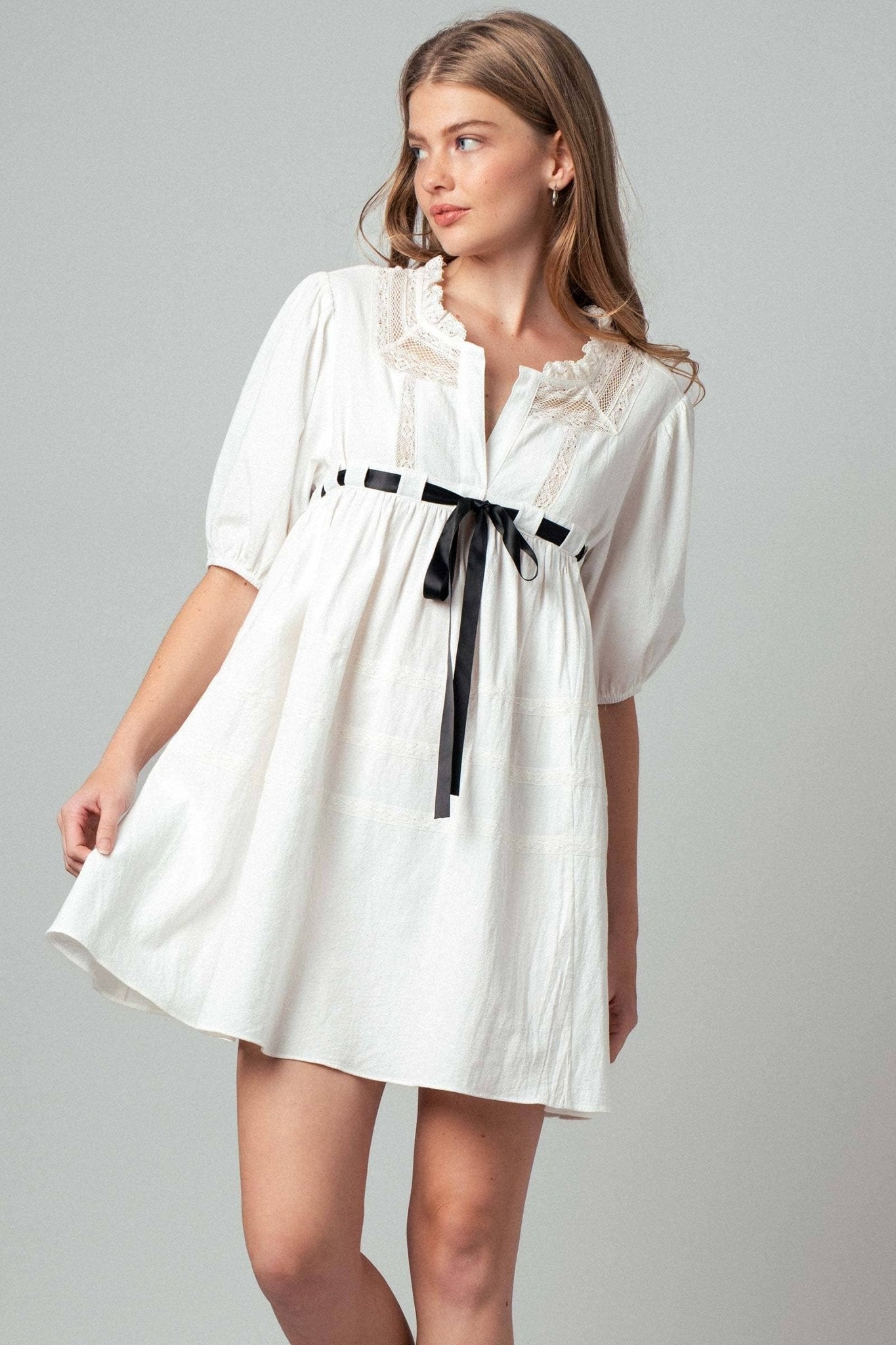 Cotton Lace Trim Ivory Empire Waist Mini Dress LARGE Cotton Lace Trim Ivory Empire Waist Mini Dress LARGE