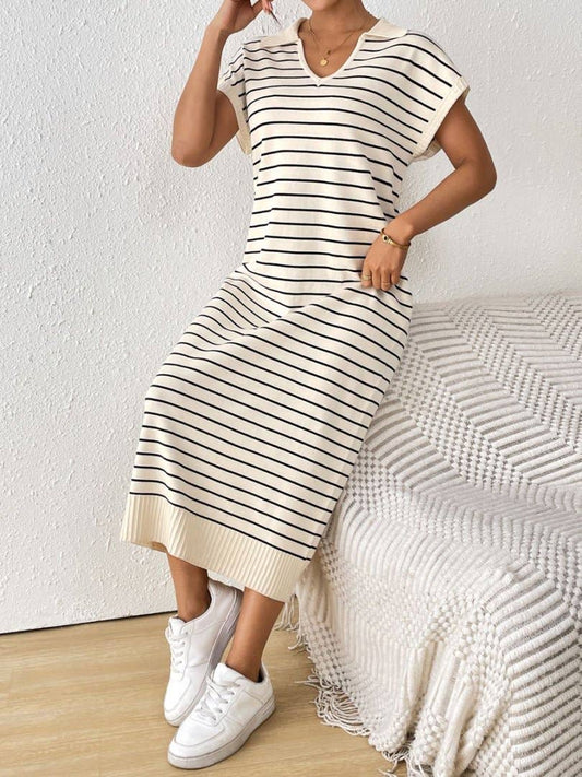 Cream + Black Casual Striped V - Neck Dress - Purpose + Passion Boutique