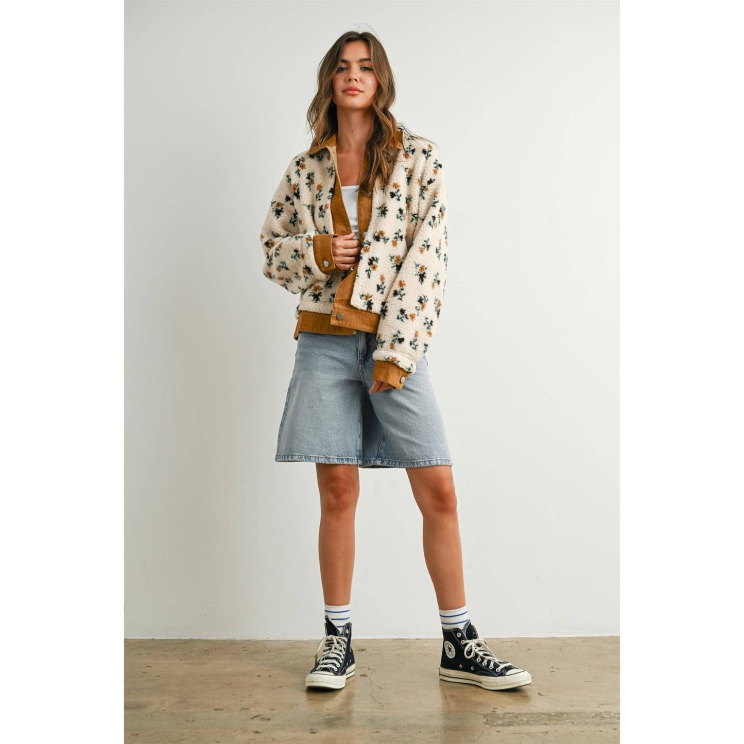 Cream / Camel Floral Collared Button - Down Jacket - Purpose + Passion Boutique