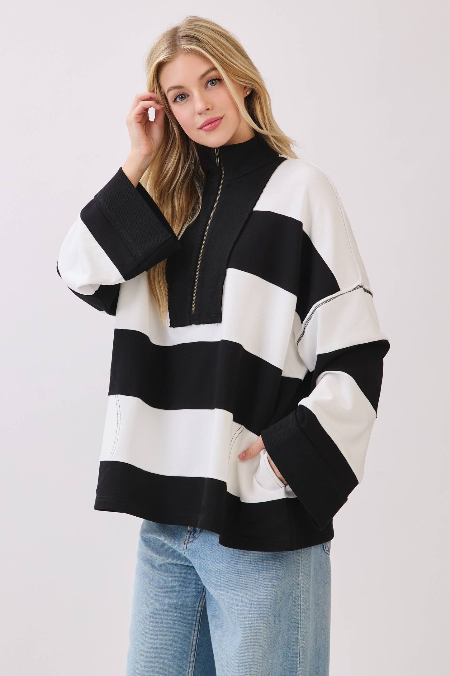 Varsity Black/White Stripe Zip Pullover