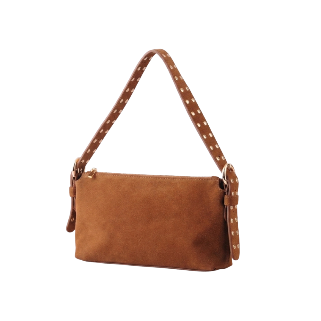 Suede Leather Shoulder Bag w/Studs on Strap