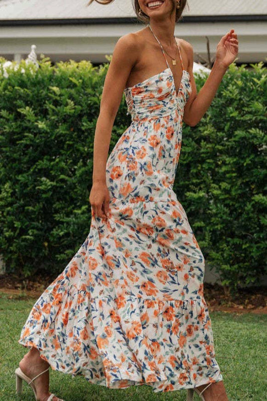 Plunge Halter Backless Floral Maxi Dress - Purpose + Passion Boutique
