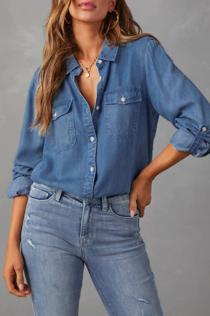 Dark Blue Lapel Single - Breasted Long - Sleeved Denim Shirt - Purpose + Passion Boutique