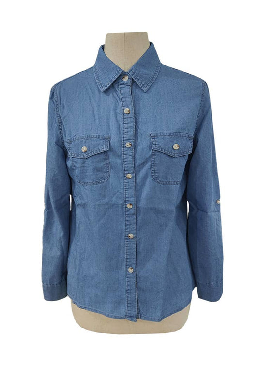 Dark Blue Lapel Single - Breasted Long - Sleeved Denim Shirt - Purpose + Passion Boutique