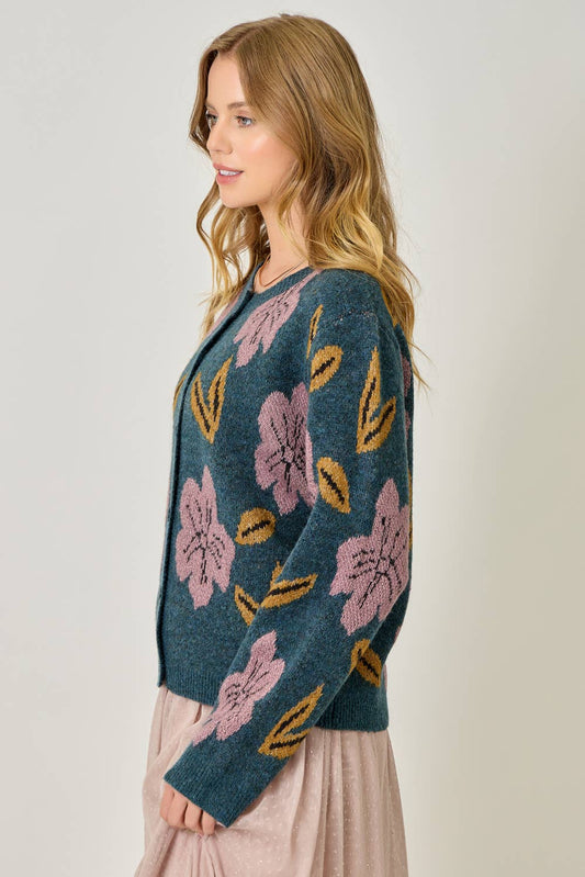 Deep Emerald Floral Sweater Cardigan - Purpose + Passion Boutique