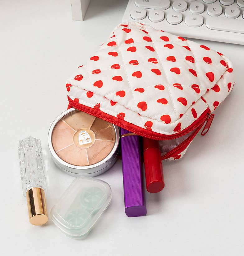 Quilted Bow Pouch Heart Checkered Makeup Bag