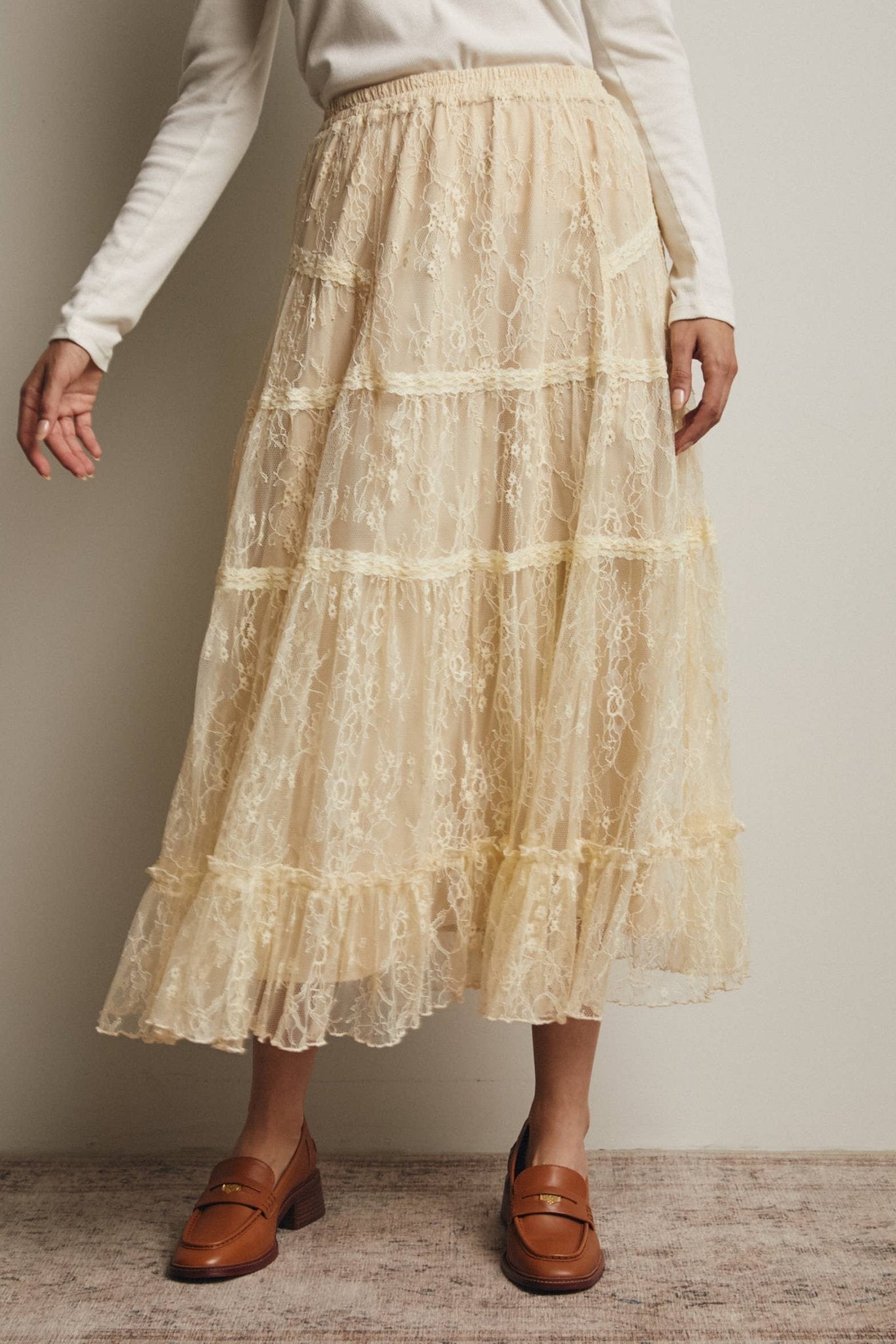 新品★ L'Appartement TIERED LACE SKIRT Ecru Tiered Lace Midi Skirt – Purpose + Passion Boutique