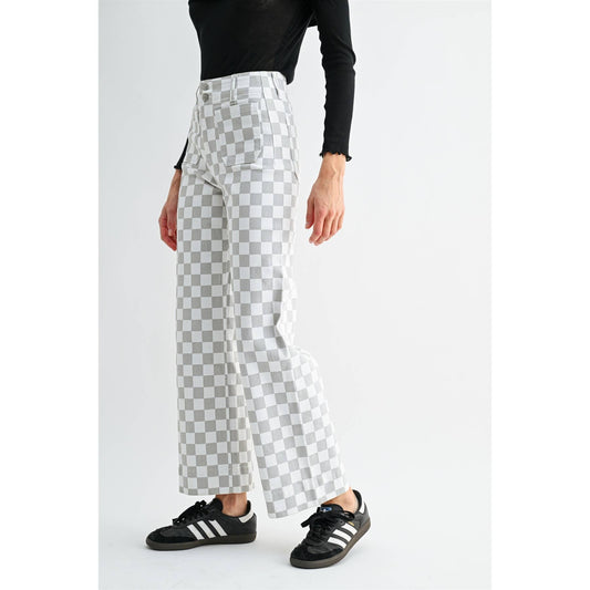 Grey Chess Print High Rise Wide Leg Ankle Pants