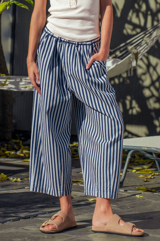 Blue Striped Pleated Wide Leg Culotte Pants
