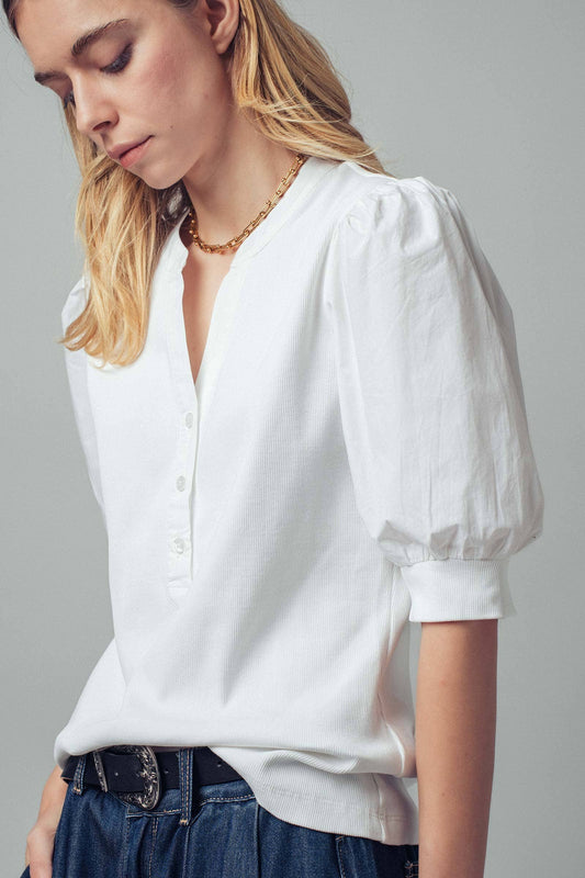 Ivory Puff Sleeve Henley Top