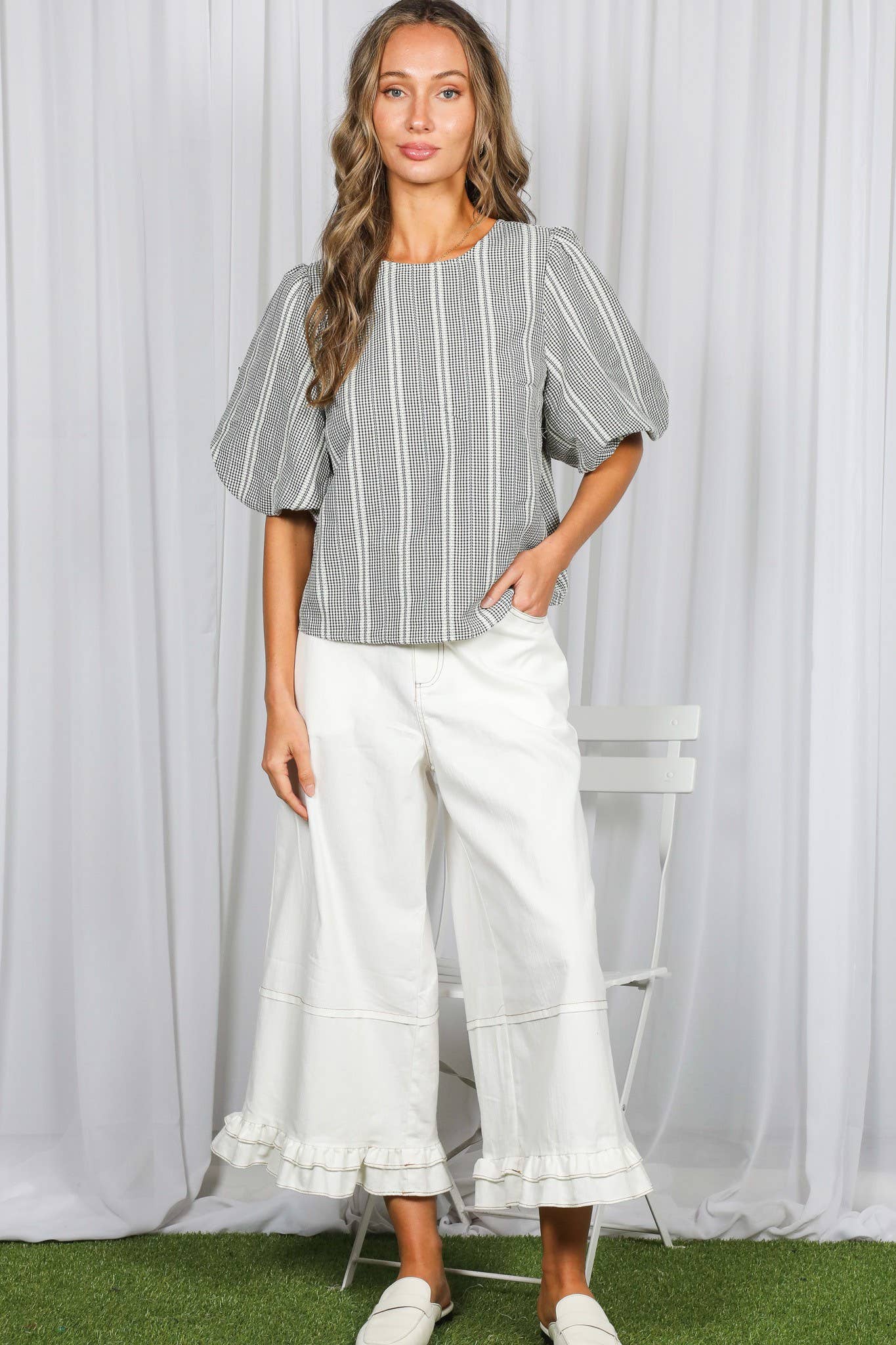 Black V-Back 2 Bow Plaid Blouse Top