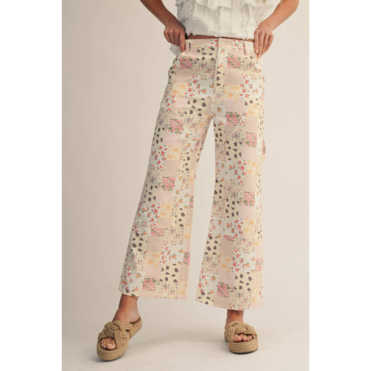 Vintage Pastel Floral Patchwork Wide Leg Pants