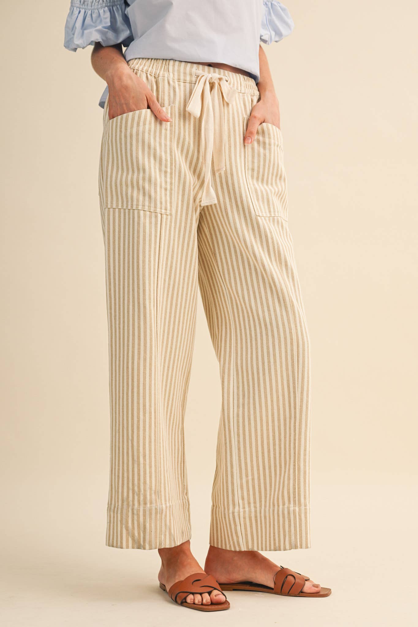 Taupe Stripe Wide Leg Drawstring Pants