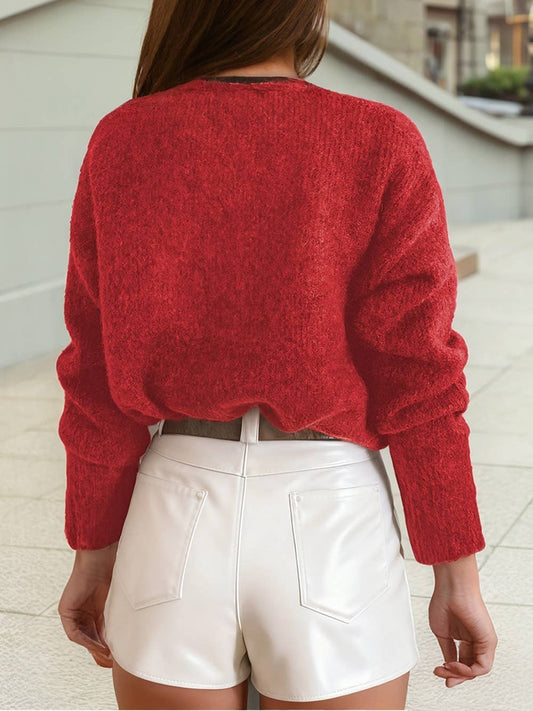 Fiery Red V - Neck Heart Chunky Knit Metal Button Sweater Cardigan - Purpose + Passion Boutique