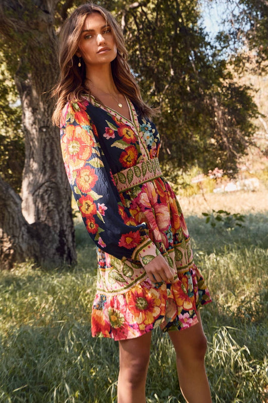 Floral Border Printed Mini Dress - Purpose + Passion Boutique