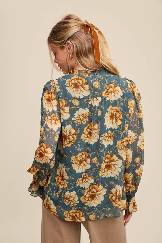 Floral Green Chiffon Poet Blouse - Purpose + Passion Boutique