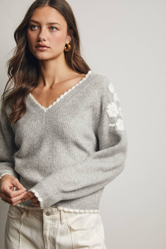 Floral Heather Grey V - Neck Sweater - Purpose + Passion Boutique