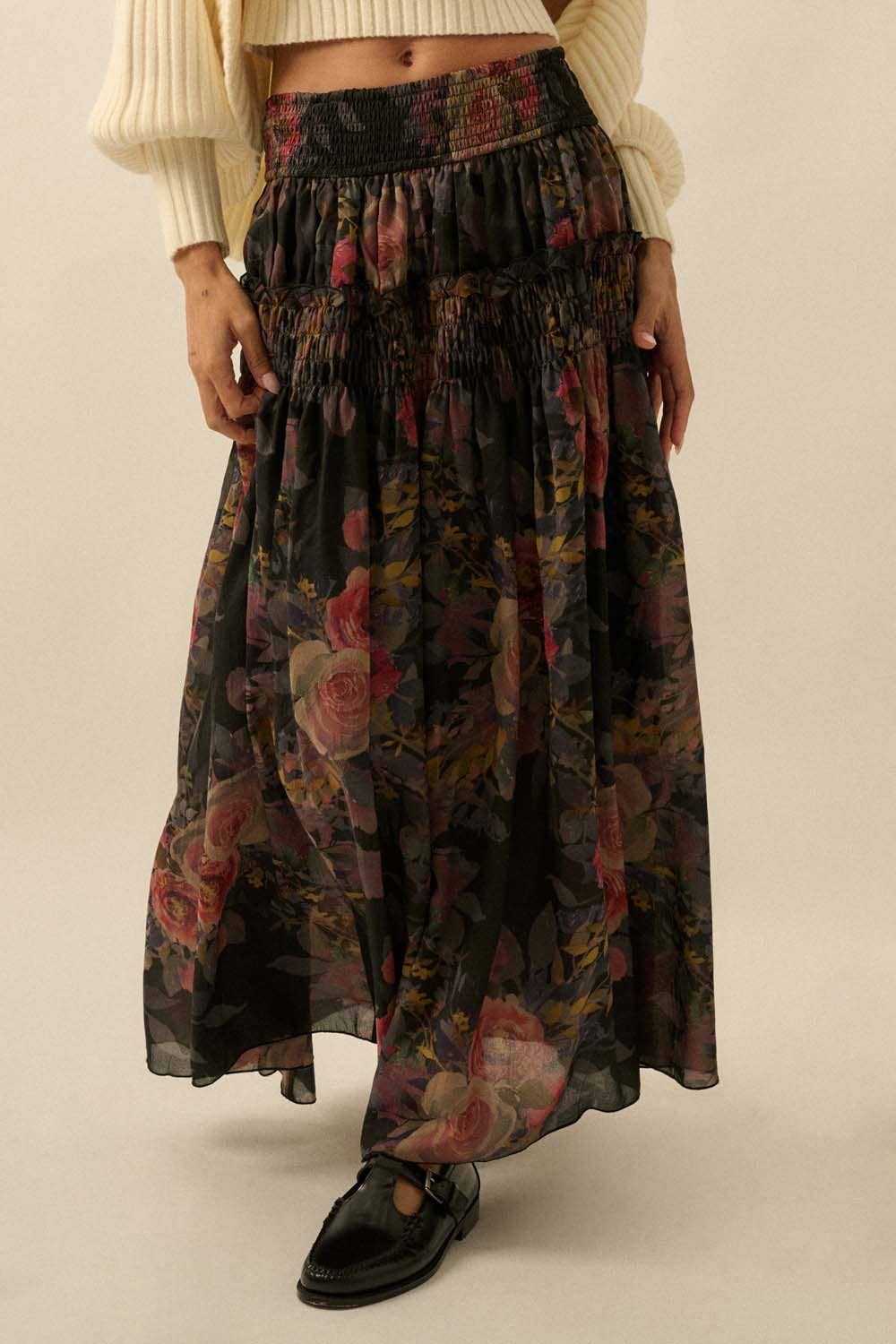 Floral - Print Smocked Drop - Waist Ruffle Maxi Skirt - Purpose + Passion Boutique
