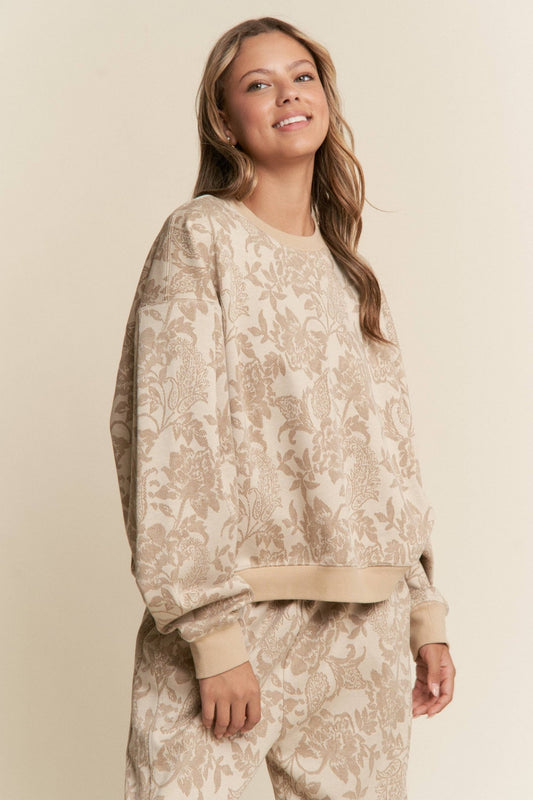 Floral Taupe Drop Shoulder Long Sleeve Sweater - Purpose + Passion Boutique
