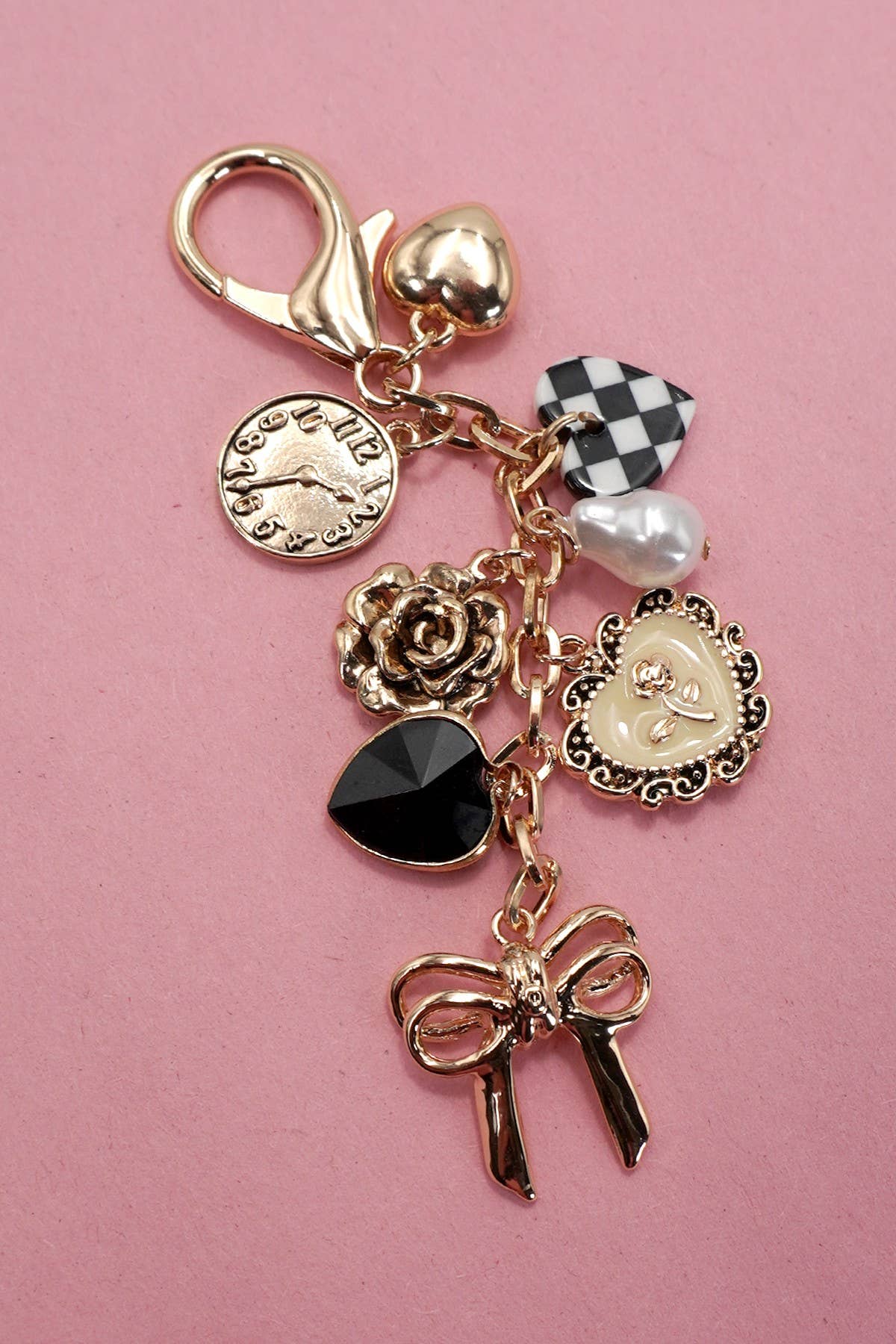Gold Bow Checker Heart Flower Bag Charm - Purpose + Passion Boutique