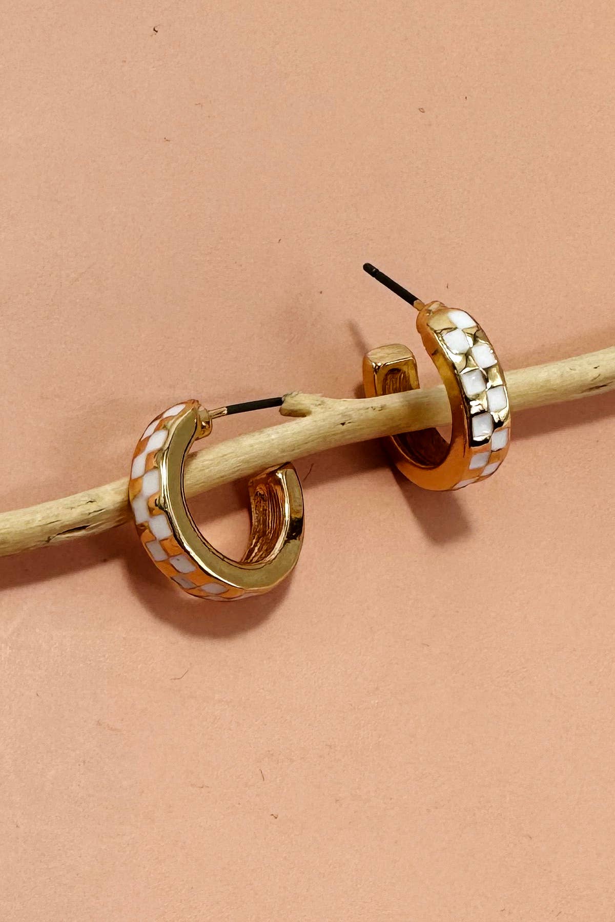 Gold/White Mini Checker Hoop Huggie Earrings - Purpose + Passion Boutique