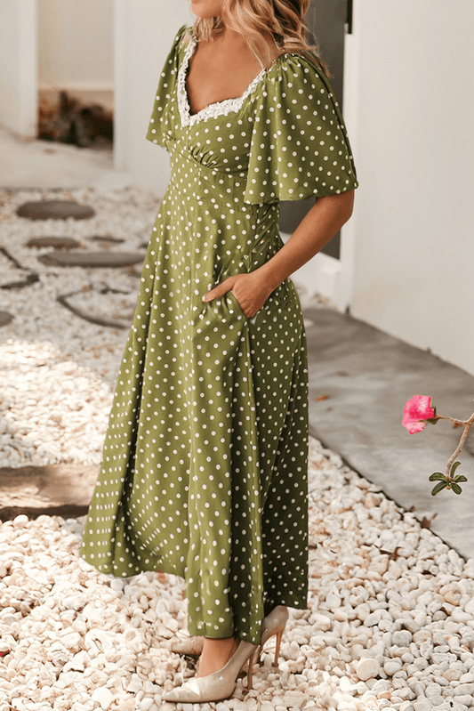 Green Polka Dot Lacy Neckline Smocked High Waist Maxi Dress - Purpose + Passion Boutique