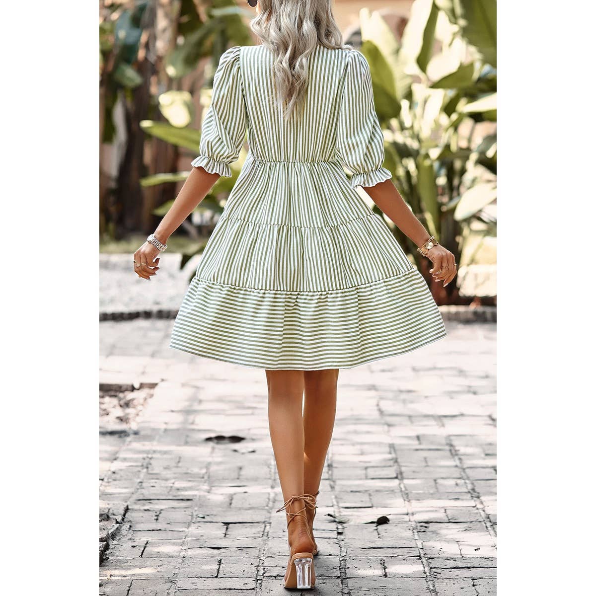 Green Stripe V - Neck Button Puff Sleeves High Waist Dress - Purpose + Passion Boutique